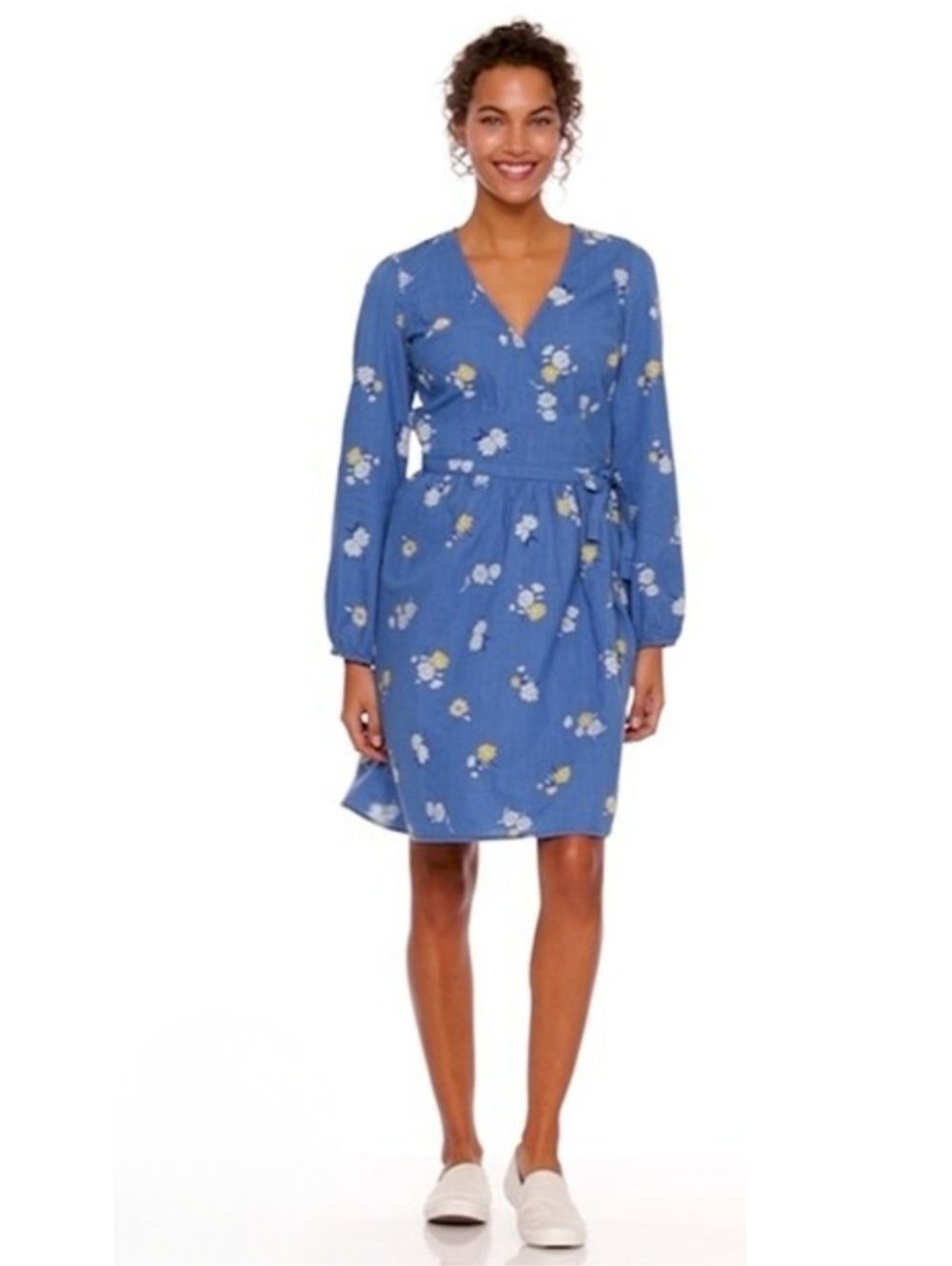 Old Navy Size S Blue Floral Wrap Dress with Yellow & White Daisies 3493-AG